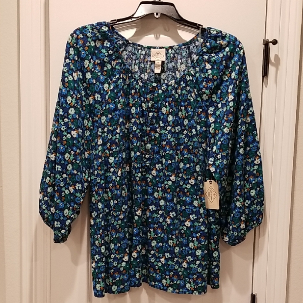St. John's Bay Blue and Green Ditzy Floral Peasant Top Blouse Womens Plus 2X